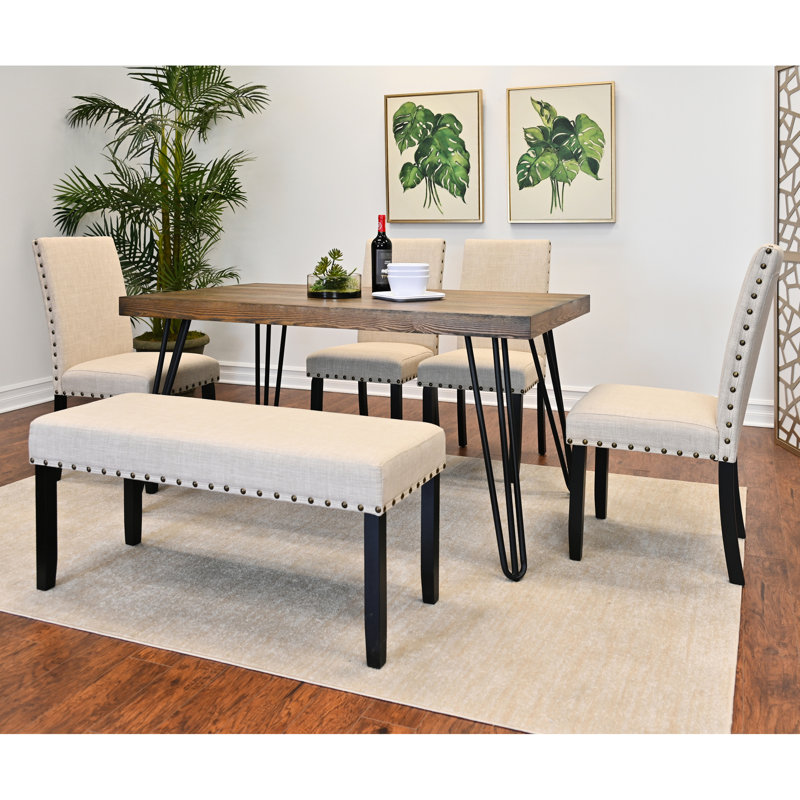 Table à manger moderne avec table en épingle à cheveux, 4 chaises et banc élégants, plateau en bois d'ingénierie, Blanc
