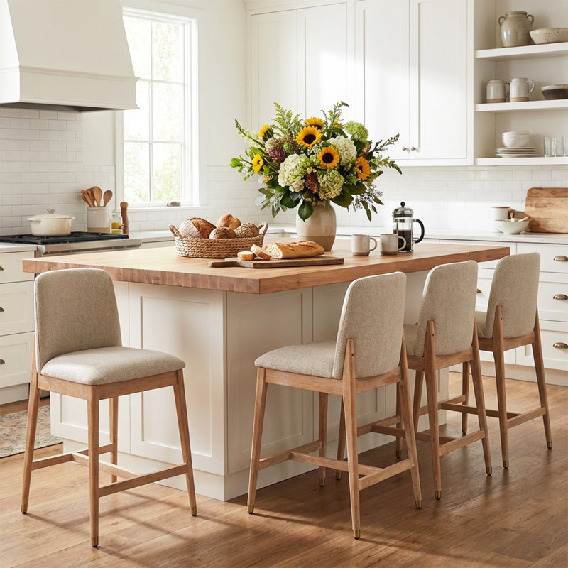 Tabouret de comptoir rembourré Nolan, 4, Siège beige / structure naturelle