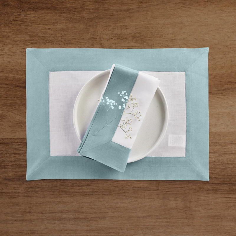 Contempo - 100% Pure Linen Dinner Napkins, Aqua Blue/White