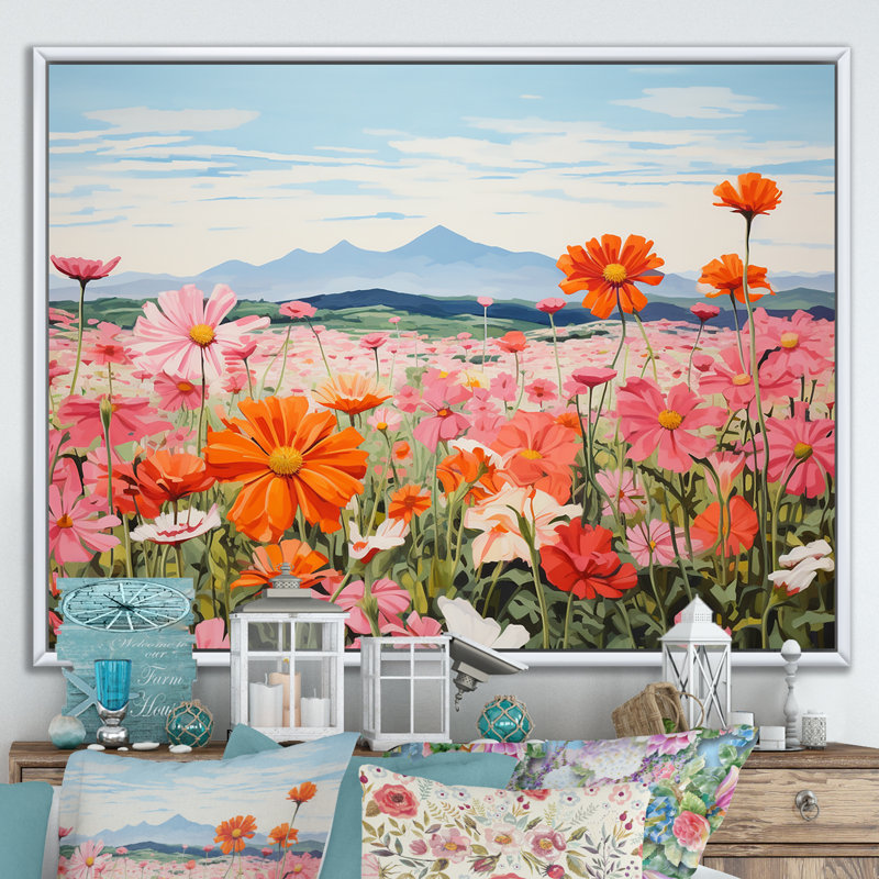 Zinnias Charm In Mountain I sur impression sur toile, Cadre flottant blanc, H 24 po x l 32 po x P 1 po