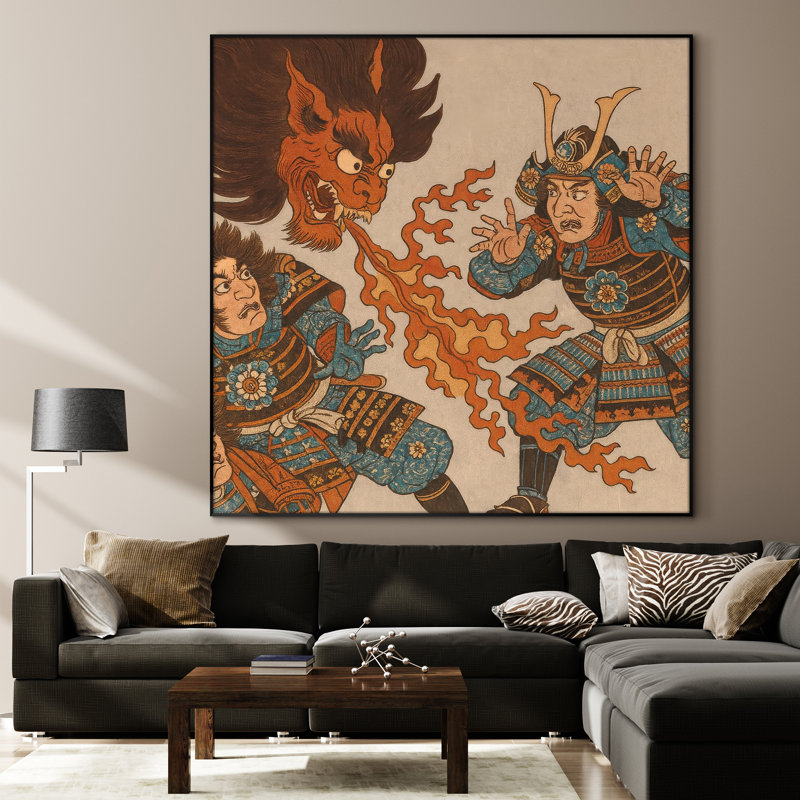 Reproduction d'art extra large Samurai contre démon - scène de combat traditionnelle de style ukiyô-e japonais, décoration artistique audacieuse pour le salon ou la chambre à coucher, assemblage de cadre requis