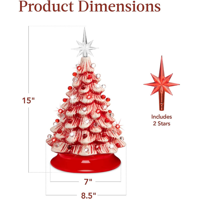 Arbre de Noël 15 po en céramique, arbre de Noël de table pré-éclairé peint à la main, 2 étoiles, 64 lumières - menthe poivrée avec ampoules rouges et blanches