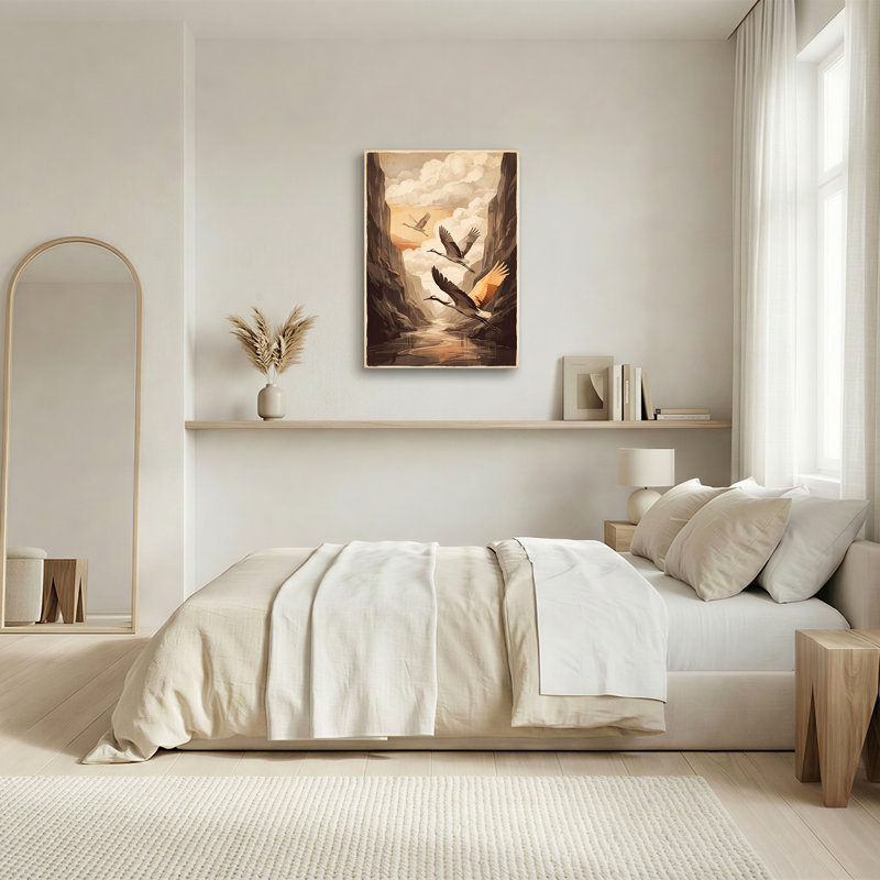 «Flying Cranes Over Canyon River at Sunset», art mural, H 48 po x l 32 po