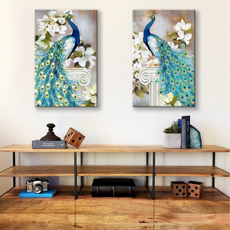 Paons bleus avec fleurs, ensemble sur toile, H 18 po x l 24 po