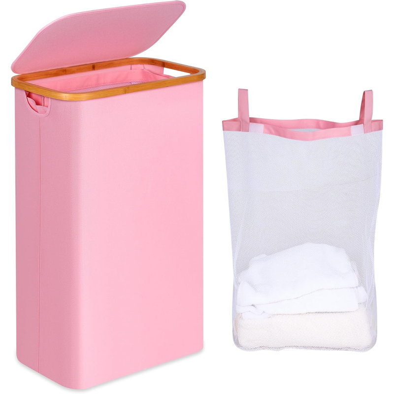 75L Slim Laundry Hamper, Narrow Laundry Basket With Lid,Foldable Clothes Hamper With Bamboo Handles,Hamper Basket With Removable Inner Bag For Laundry Room Bedroom College Dorm