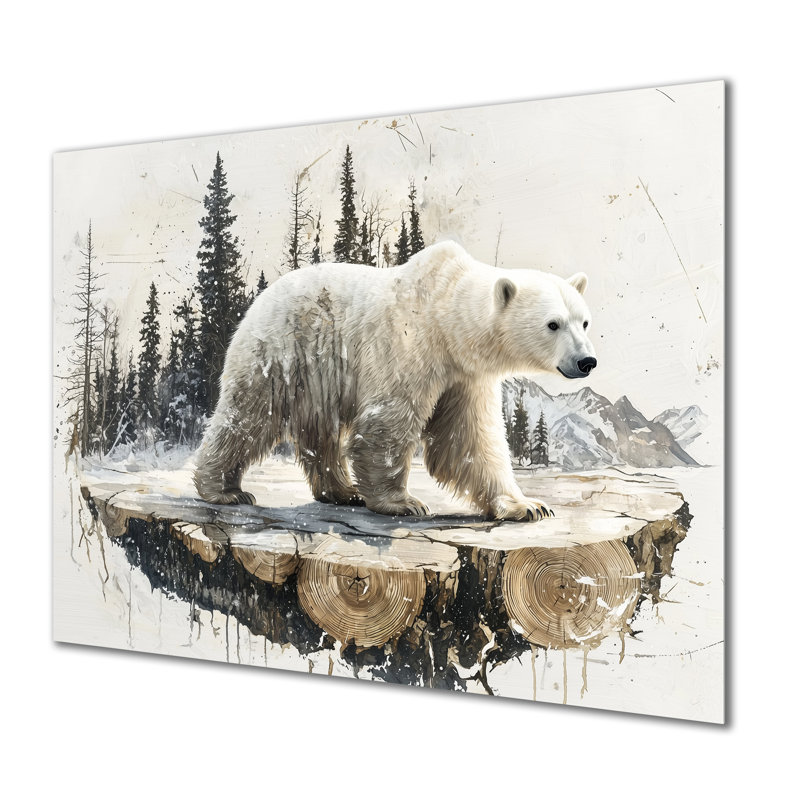 Hiver, ours polaire dans un paysage de forêt II - reproduction d'art moderne en métal, ours, art mural en métal