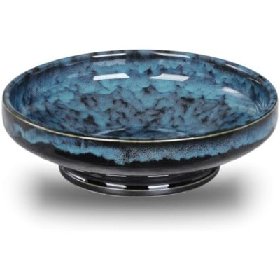 Ceramic Fruit Bowl for Kitchen Counter,Decorative Pedestal Bowl for Table Countertop,Japanese Stye Large Footed Serving Bowl,10.2 Inch (Starry Blue)