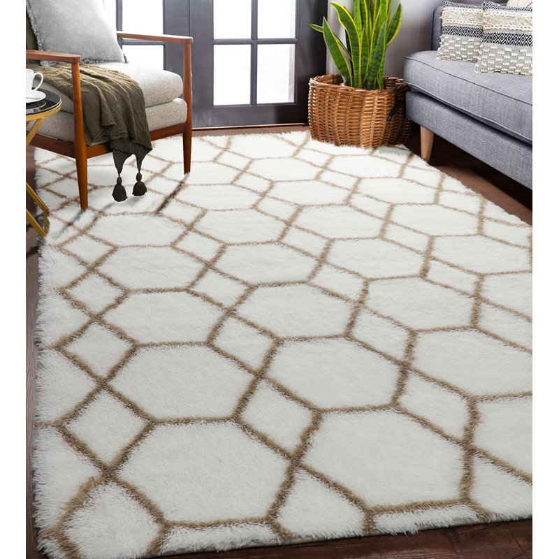 Mignon tapis boho pour l'esthétique du salon, tapis 5 x 8 po, tapis moelleux à poils longs marocain, tapis à poils doux, tapis blanc et beige