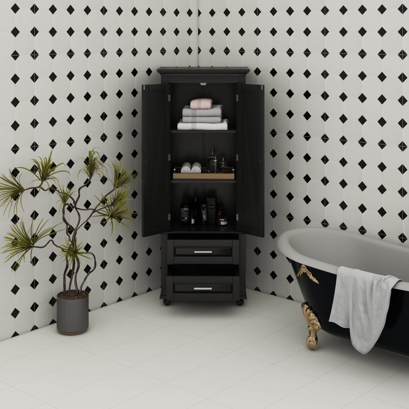 Tall Storage Cabinet With Two Drawers, Black