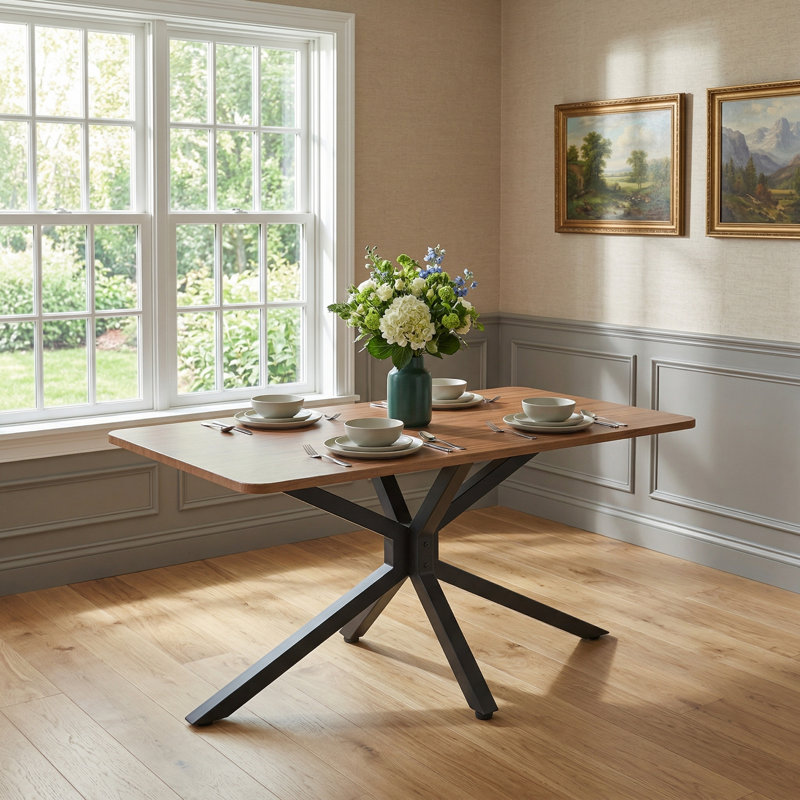 Table de salle à manger rectangulaire 55,1 po à grain de bois brun avec base en métal noir pour la cuisine, la salle à manger et le salon
