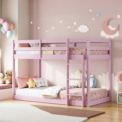 Bunk Bed Twin Over Twin With Ladder And Safety Guardrails, Solid Wood Low Bunk Beds Frame For Teens And Adults