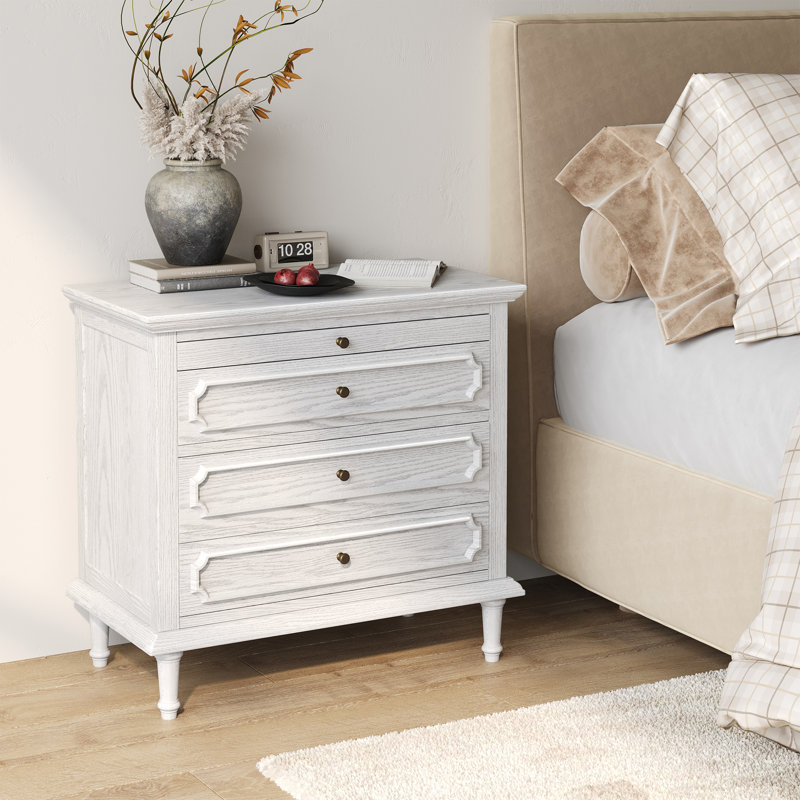 28" Wide Traditional Nightstand - 3 Drawers, Built-In USB Charging Station & Pull-Out Tray, Solid Wood Bedside Table, Fully Assembled