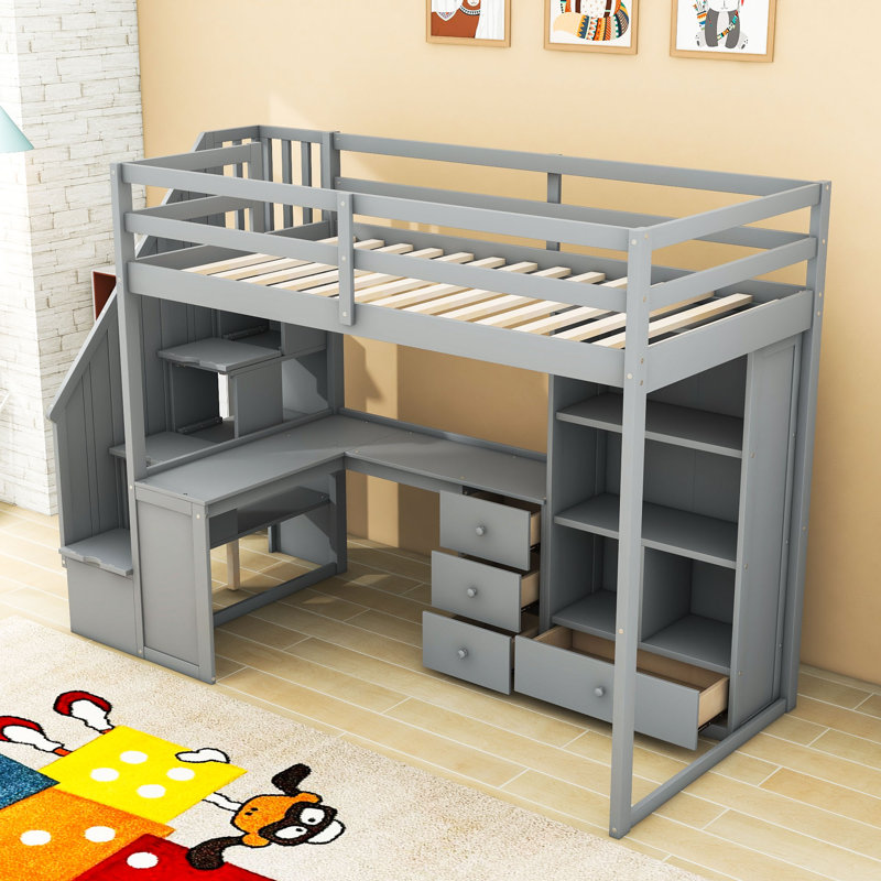 Lit mezzanine simple avec bureau en L, escalier de rangement et tiroirs intégrés, Gris
