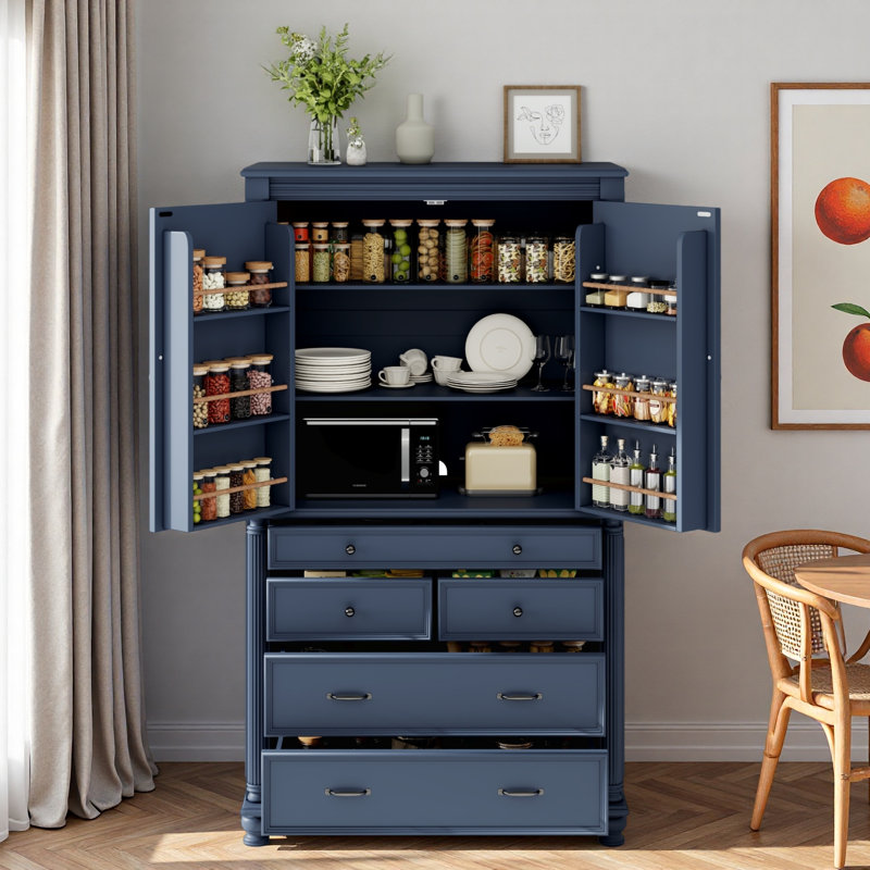 Garde-manger autoportant avec 6 tablettes de porte, 2 tablettes réglables et 5 tiroirs, Bleu