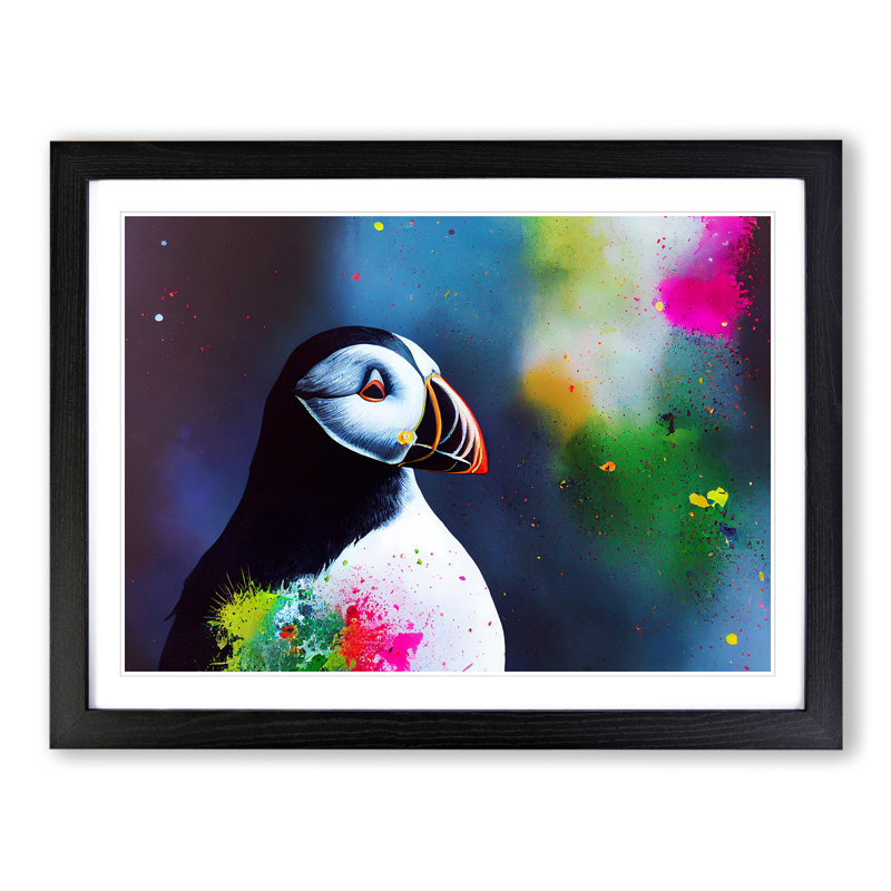 XH1022-2202X Colourful Puffin Bird - Single Picture Frame Painting, Black Framed, 25cm H x 34cm W x 2cm D