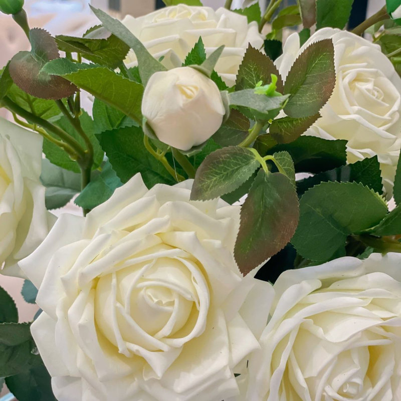 Large White Polysilk Rose Arrangement in Glass Vase
