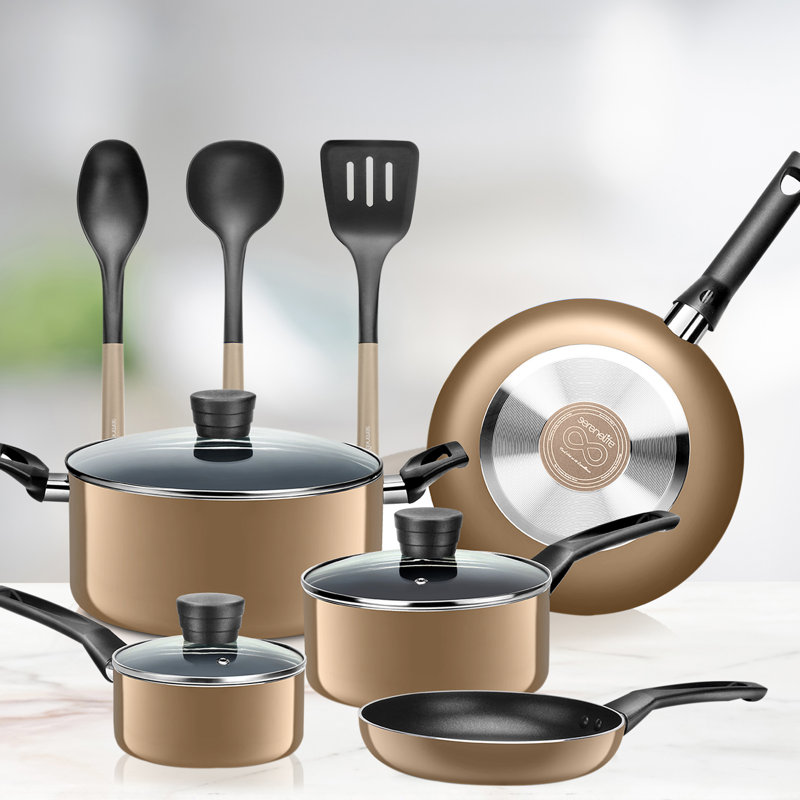 Gold Non-Stick Aluminum 11-Piece Cookware Set with Glass Lids