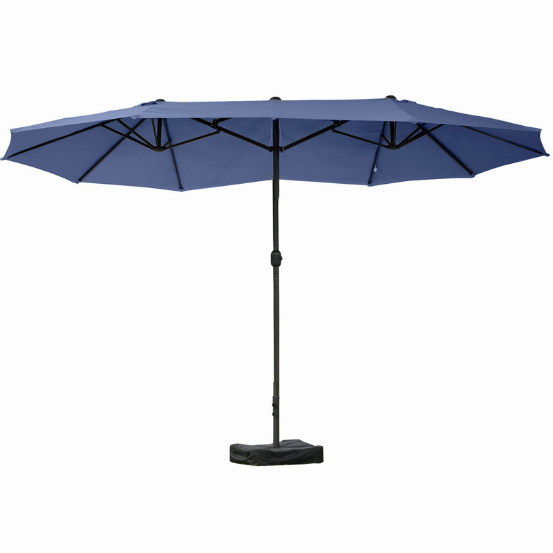 Parasol d'extérieur rectangulaire en acier de 15 pi avec base, protection solaire et manivelle pour terrasse, Bleu
