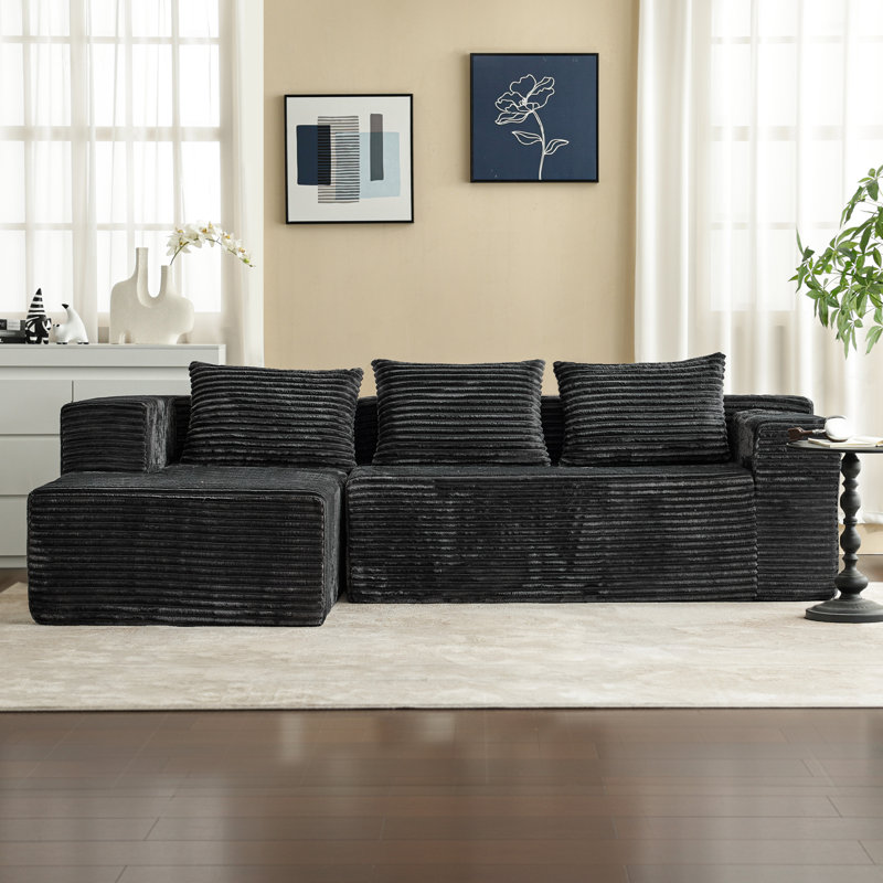 Boneless L-Shaped Deep Seat Modular Sectional Sofa, Corduroy Upholstered Cloud Boneless Couches With Side Pockets