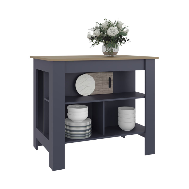 Îlot de cuisine bleu marine pour la salle à manger, trois espaces de rangement essentiels, préparation de repas à surface large, s'adapte à la plupart des zones, structure de panneau de particules, casseroles, casseroles et ustensiles de 34,91 po de hauteur