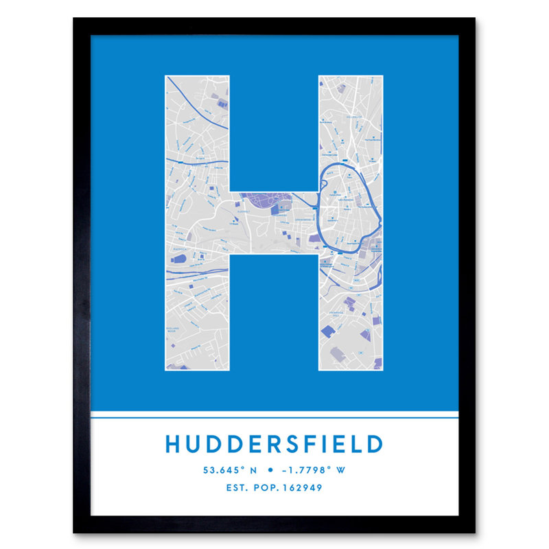 Huddersfield City Map Huddersfield Blue - Single Picture Frame Typography