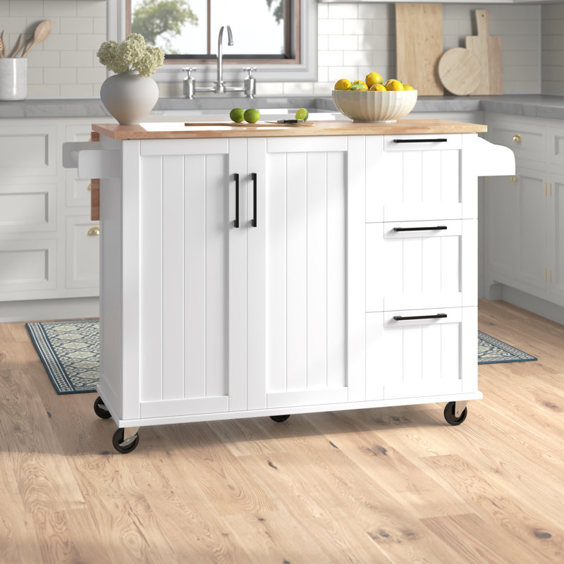 49'' Wide Rolling Kitchen Cart with Solid Wood Top, White/Natural