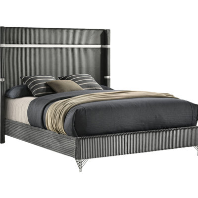 Upholstered Queen Bed With Wingback, Grey Fabric, And Detailing Velvet Bed, Highlights Contemporary Refinement