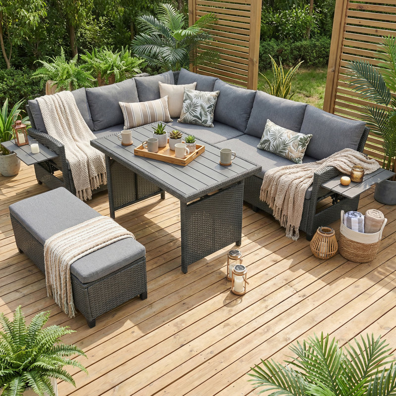 Ensemble de canapé de patio extérieur en rotin 5 pièces, ensemble de meubles de jardin en forme de L en osier avec 2 tables d'appoint extensibles