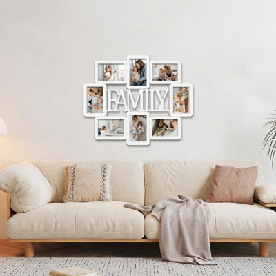 8 Opening White Family Collage PVC Photo Frame with 3D FAMILY Letter Center, Irregular Wall Gallery Frame for Uniform 4x6 Family Photos, White