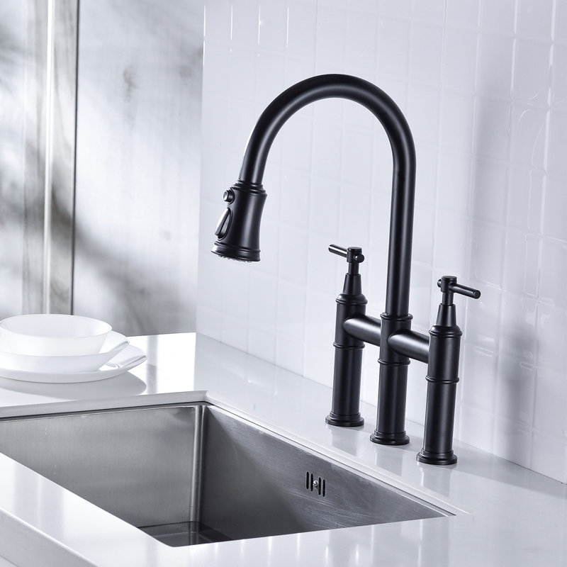 Matte Black Pull-Down Kitchen Faucet - Dual Handles For Precise Temperature And Flow Regulation 360-Degree Rotating High Nozzle Enlarged Cleaning Reach Brass Made Durability Bridge Efficient Handle