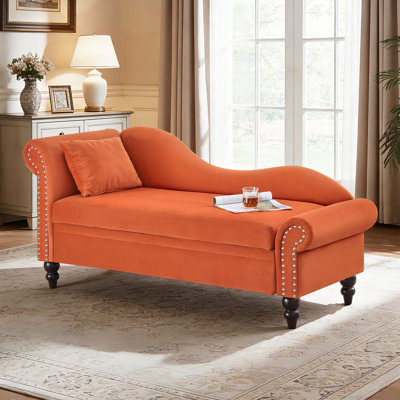 Chaise longue 64,5 po en velours moderne, canapé avec rangement pour chambre à coucher, salon et bureau, chaise longue avec accoudoir gauche et coussin lombaire, accoudoir rond avec décoration à clous argentés