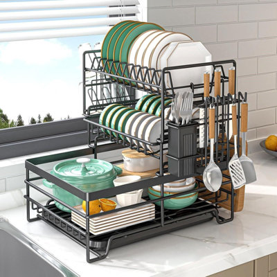 3 Tier Detachable Dish Drying Rack With Drainboard, Large Capacity Dish Drainer With Utensil Holder, Space-Saving Kitchen Counter Organizer For Plates, Bowls, Cups, Cutlery, Knifes