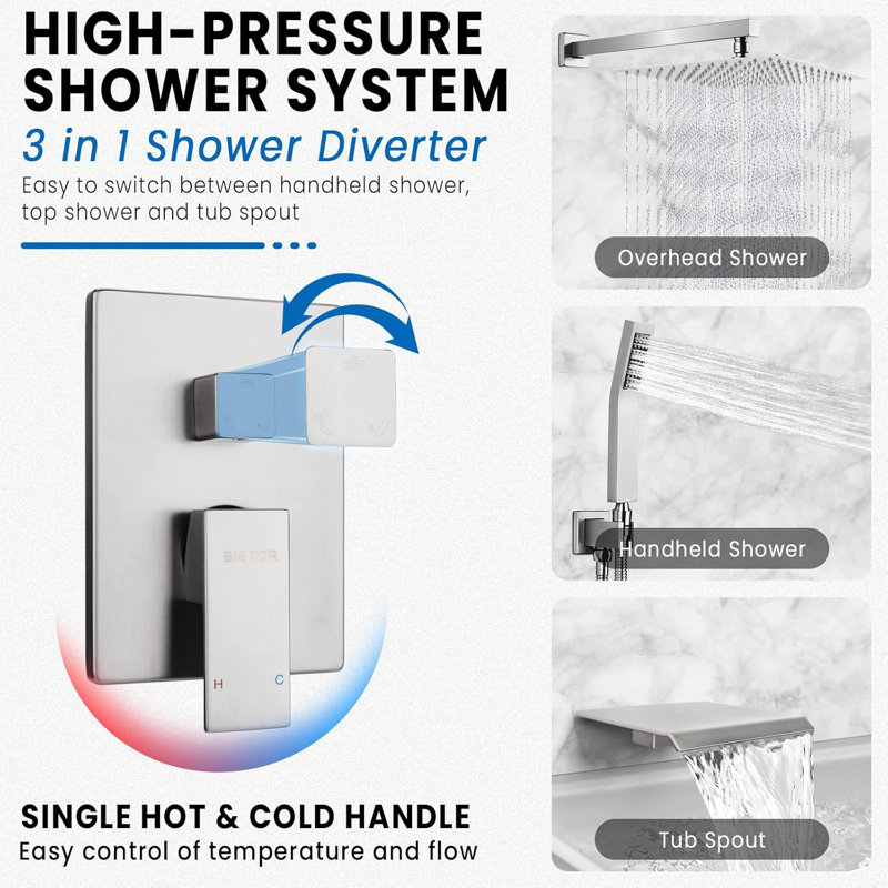 Robinet de douche à pluie 12 "avec douchette de baignoire haute pression, Nickel brossé