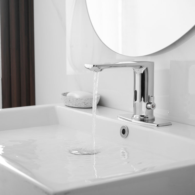 Automatic Touchless Single Hole High Arc Bathroom Faucet With Temperature Mixing Valve In Polished Chrome