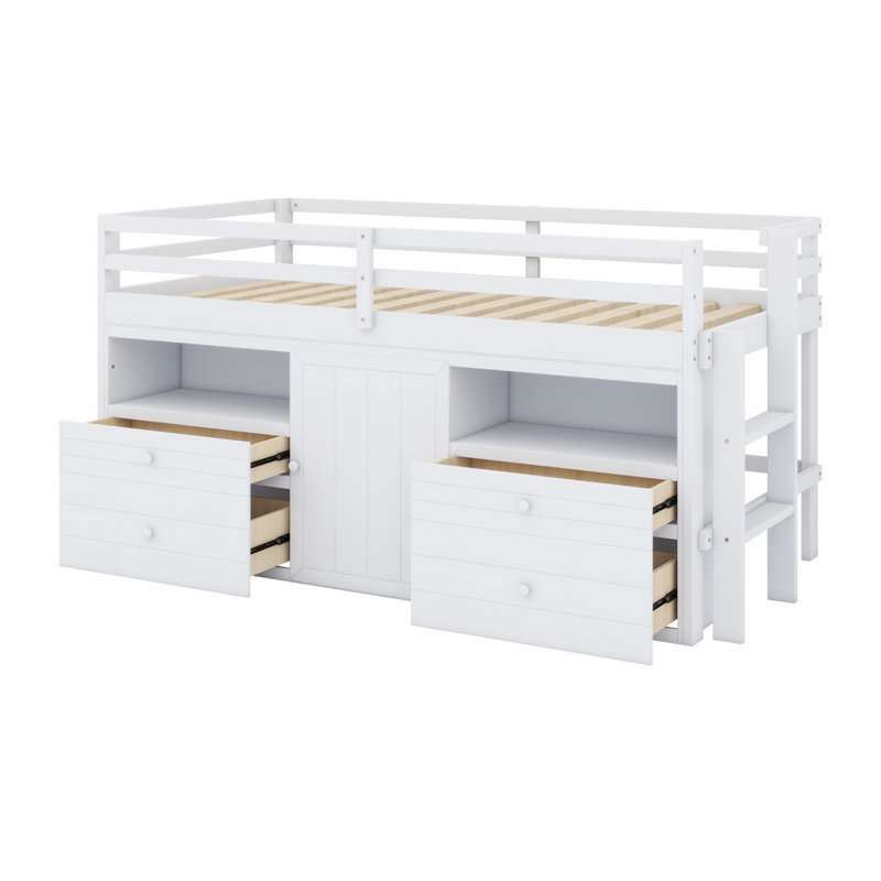 Loft Bed With 4 Drawers, Underneath Cabinet And Shelves, White