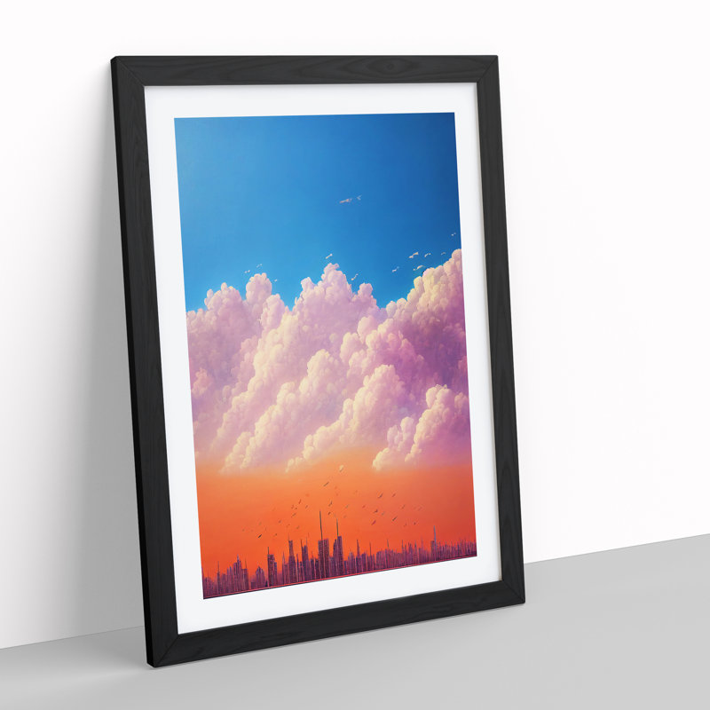 City Skyline Under Clouds - Wall Art, 48cm H x 36cm W, Black Framed, White