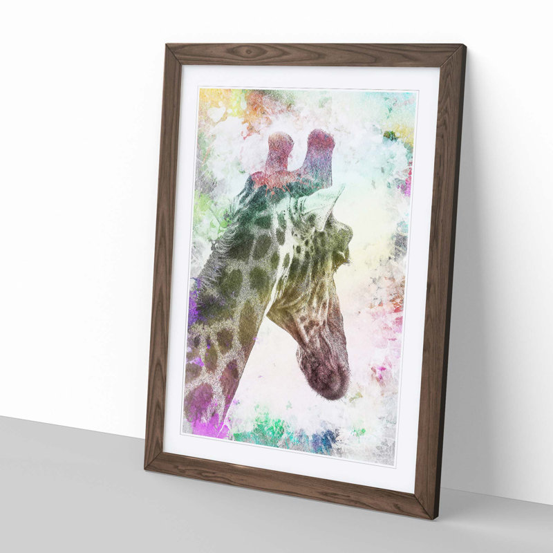 Giraffe Facing the Rainbow in Abstract - Picture Frame Painting Print, Walnut Framed, 36cm H x 27cm W x 2cm D