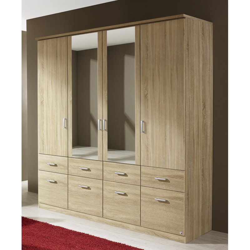 Bremen Revolving Door Wardrobe 4 Doors with Mirror and 8 Drawers, Sonoma Oak