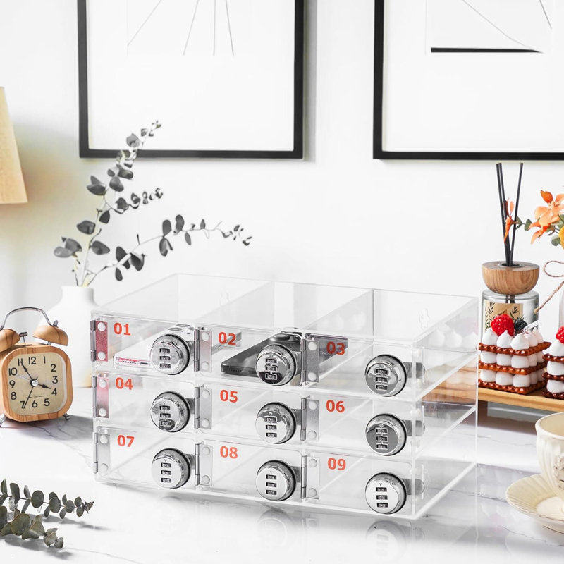 Casier à 9 emplacements pour téléphone portable avec serrure à combinaison, armoire de rangement en acrylique transparent pour salle de classe, bureau et lieu de travail, organisateur de téléphone mural pour étudiants et employés