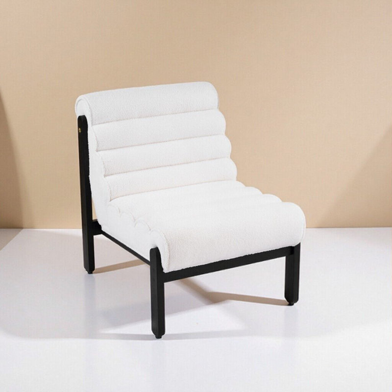 Fluffy Shearling-Style Accent Chair with Solid Wood Frame, Integrated Cushion, Modern Comfort, White+Black