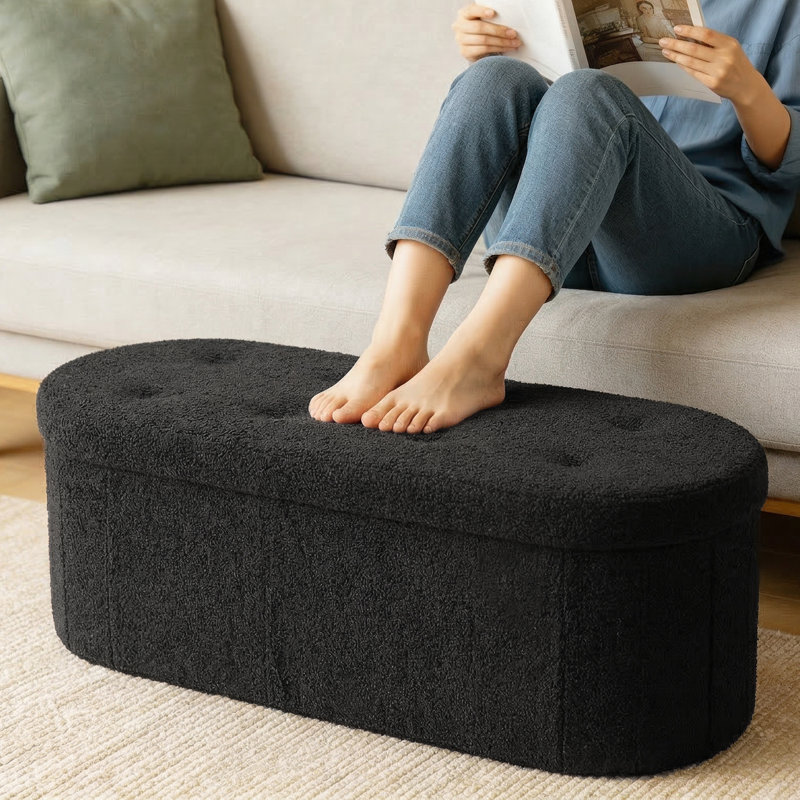 Oval Storage Ottoman with Teddy Velvet Upholstery, Foldable Storage Bench for Bedroom and Entryway,43", Black