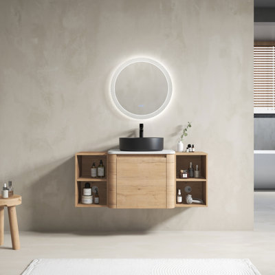 Meuble-lavabo de 48 po avec lavabo d'art en céramique, 2 tablettes de rangement, porte à fermeture en douceur, fabrication en contreplaqué, design moderne, couleur chêne imitation, emballage Kd, dalle de pierre blanche, surface lisse durable