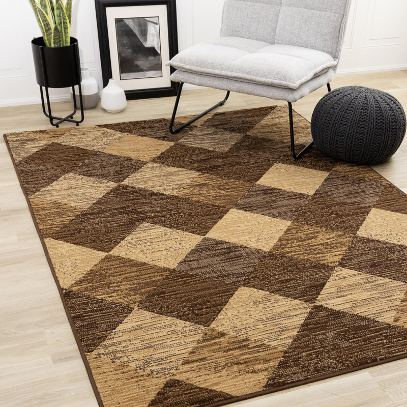Brown Beige Distressed Checkers Area Rug, Rectangle 7'9" x 10'6"