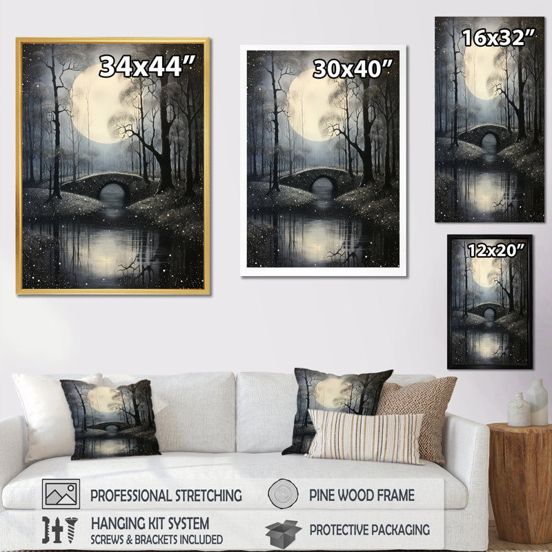 Pont gris dans le brouillard III - reproduction sur toile, Cadre photo noir, H 32 po x l 24 po x P 1 po
