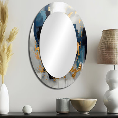 Tourbillon abstrait doré bleu de sérénité V - grand miroir mural ovale sur métal