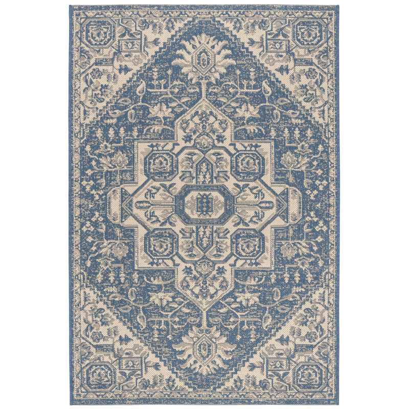 Glass Looped Cream/Blue Indoor/Outdoor Rug, Rectangle 122 x 183 cm