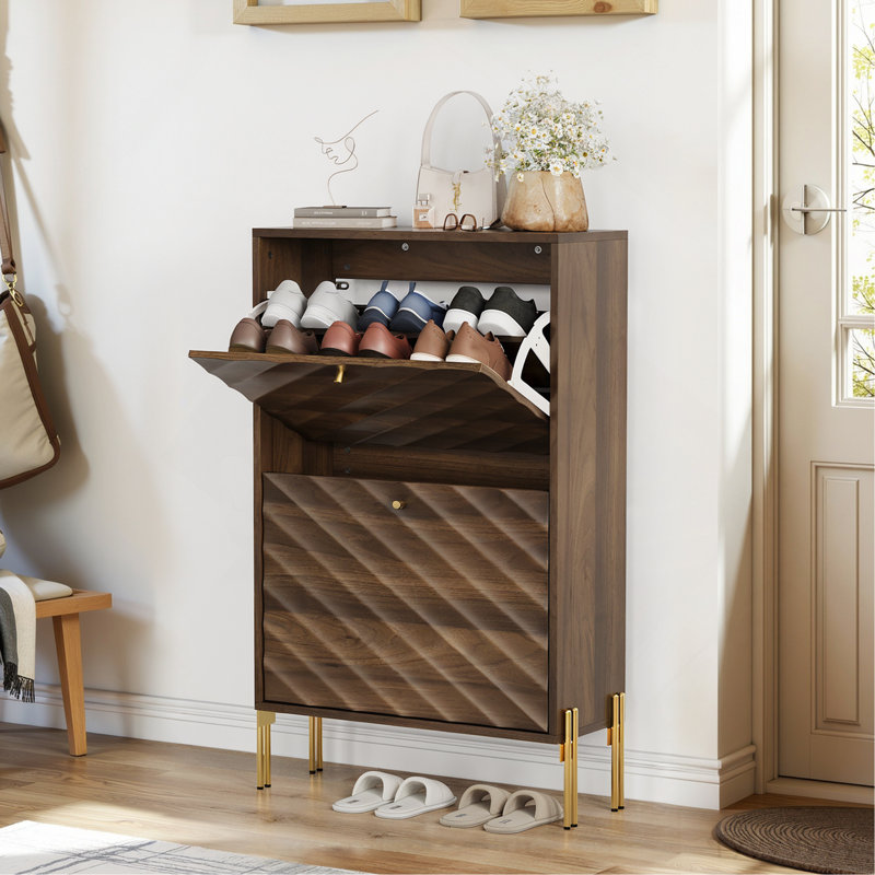 23.6 Inch Walnut Shoe Cabinet, Mid-Century Modern Freestanding Shoe Cabinet,  Freestanding Organizer With Metal Legs,  Suitable For Entry, Hallway And Entryway