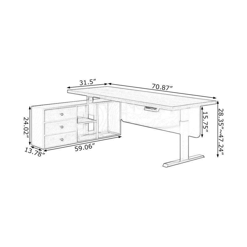 Bureau rectangulaire en bois massif noir, Retour à gauche, 47.24" H x 70.87" W x 31.5" D