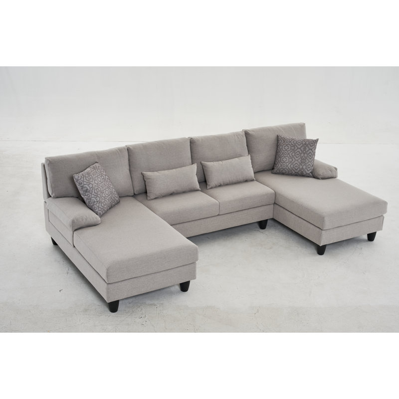Upholstered U-Shaped Sectional Symmetrical, Beige Linen Blend