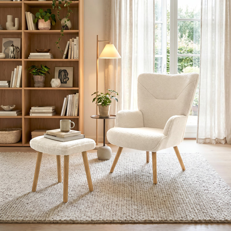 Upholstered Armchair With Footstool, Cream Teddy